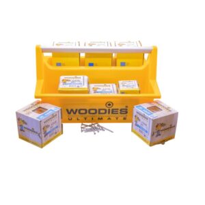 Woodies Ultimate draagkist geel met aluminium handgreep en bedrukking "Woodies" en "Fix it together!" inclusief 1400 schroeven verzinkt